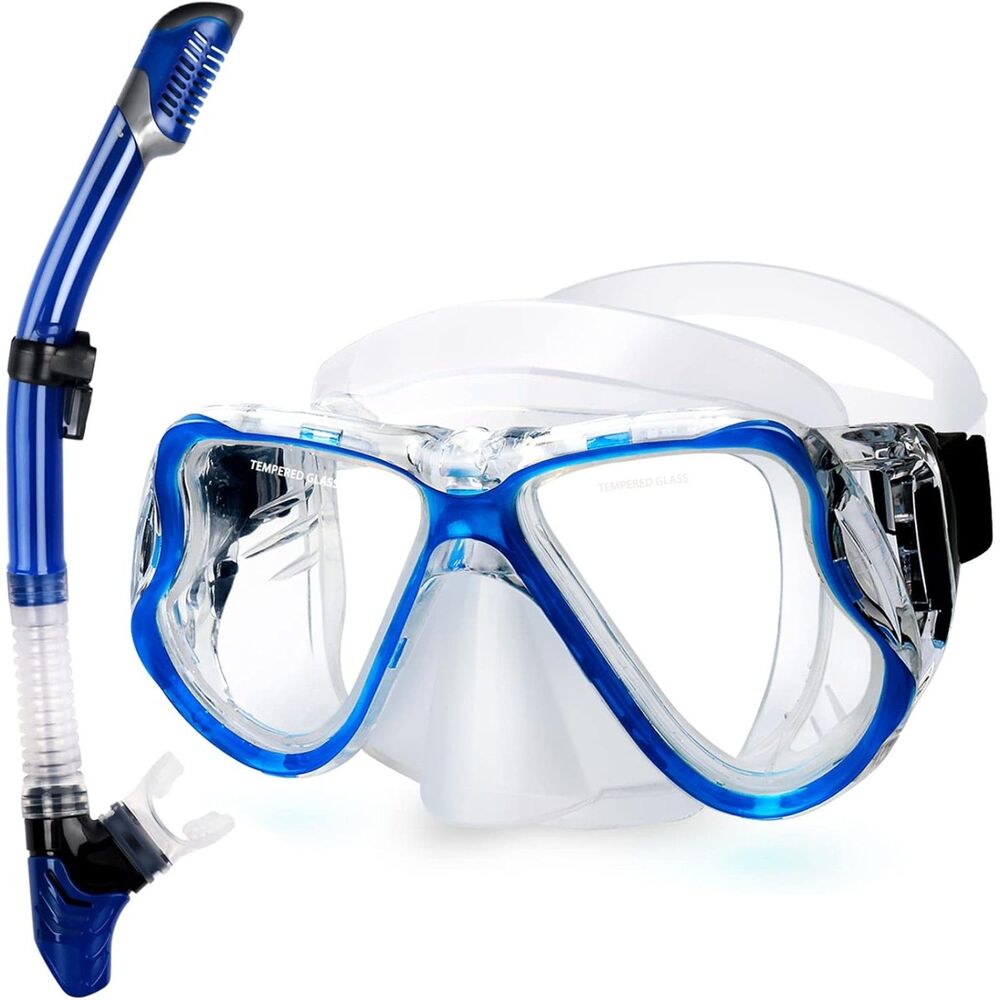 Greatever Dry Snorkel Set Blue Panoramic Wide View Anti-Fog for Adults